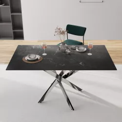 Tavolo 150x80 cm piano  in vetro effetto marmo nero 10 mm e gambe incrociate cromo - Noel