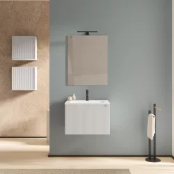 Mobile bagno sospeso 60 cm bianco opaco cannettato e specchio - Konai