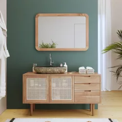 Mobile bagno portalavabo 135 cm con 2 ante e 3 cassetti in teak naturale e paglia di vienna - Malindi