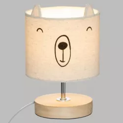 Lampada da tavolo 23 h cm per bambini orsetto in legno di paulownia e paralume in lino grigio