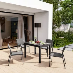 Set pranzo tavolo 105/210x77  cm e 4 sedie con braccioli tondi in textilene antracite - Carioca