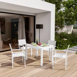 Set pranzo tavolo 105/210x77  cm e 4 sedie con braccioli a doghe in alluminio bianco - Carioca