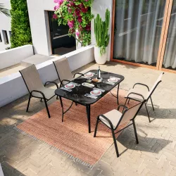 Set pranzo tavolo con top in vetro 150x90 cm e 4 sedie con braccioli in acciaio nero e textilene beige - Ninfa
