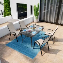 Set pranzo tavolo 150x90 cm top trasparente e 4 sedie con braccioli in acciaio nero e textilene beige - Ninfa