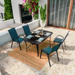 Set pranzo tavolo con top in vetro 150x90 cm e 4 sedie con braccioli in acciaio nero e textilene blu marino - Ninfa