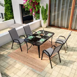 Set pranzo tavolo con top in vetro 150x90 cm e 4 sedie con braccioli in acciaio nero e textilene grigio - Ninfa