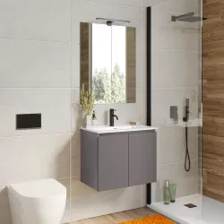 Mobile bagno sospeso salvaspazio 55 cm bianco e grigio cemento con specchio  Strada