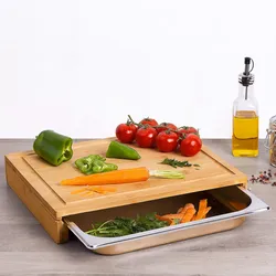 Tagliere 35x28 cm in bambù naturale con contenitore in acciaio inox cromo