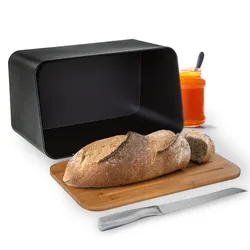 Portapane 37x23h cm in metallo nero e tagliere in bambù
