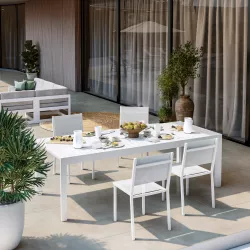 Set pranzo tavolo 180/240x100 cm e 4 sedie in alluminio e textilene bianco - Carioca