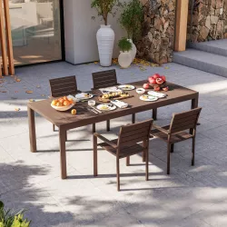 Set pranzo tavolo 180/240x100 cm e 4 sedie con braccioli a doghe in  alluminio marrone 