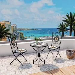 Set bistrot con tavolo rotondo 60 cm e due sedie pieghevoli con decorazione mosaico - Otranto