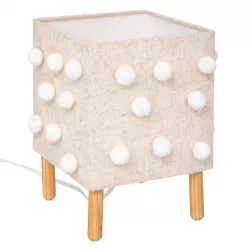 Lampada da tavolo 22 h cm per bambini in legno di pino e paralume in lino beige con pompom