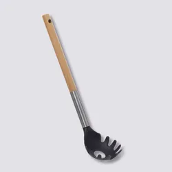 Mestolo per spaghetti antigraffio in nylon nero con manico in acciaio inox e legno di faggio - Tryo