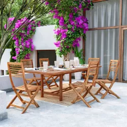 Set pranzo tavolo allungabile 180/260x110 cm con 6 sedie pieghevoli in legno di acacia - Paja
