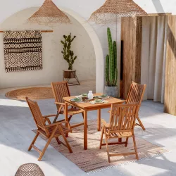 Set pranzo tavolo 80x80 cm e 4 sedie con braccioli regolabili in legno di acacia - Paja