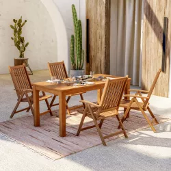 Set pranzo tavolo 160x80 cm e 4 sedie con braccioli regolabili in legno di acacia - Paja