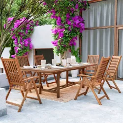 Set pranzo tavolo allungabile 180/260x110 cm e 6 sedie con braccioli regolabili in legno di acacia - Paja