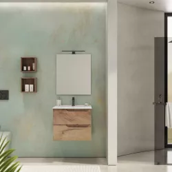 Mobile bagno sospeso 60 cm con lavabo integrato finitura rovere deserto e specchio - Agave Plus