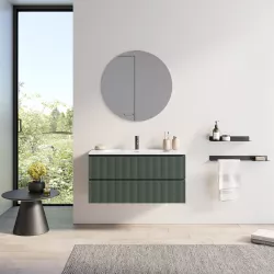 Mobile bagno 100 cm verde opaco cannettato con lavabo integrato e specchio - Gaia