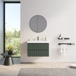 Mobile bagno 80 cm verde opaco cannettato con lavabo e specchio - Gaia