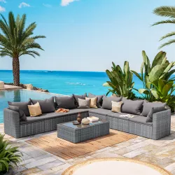Set relax con divano angolare e tavolino in polyrattan grigio con cuscini - Horizon