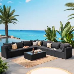 Set relax con divano angolare e tavolino in polyrattan nero con cuscini - Horizon