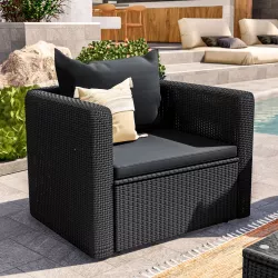 Set relax con divano 3 posti 2 poltrone e tavolino in polyrattan grigio con  cuscini - Horizon