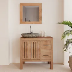Mobile bagno portalavabo 85 cm con anta e cassetti in legno teak naturale - Crunch