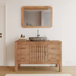 Mobile bagno portalavabo 125 cm con anta e cassetti in legno teak naturale - Crunch