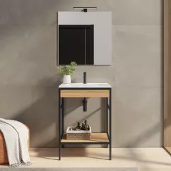 Mobile bagno a terra 60 cm nero e rovere con lavabo integrato e specchio - Axis