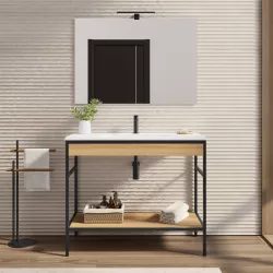 Mobile bagno a terra 100 cm nero e rovere con lavabo integrato e specchio - Axis