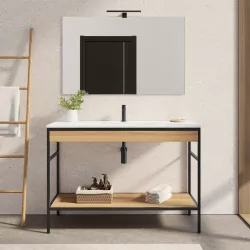 Mobile bagno a terra 120 cm nero e rovere con lavabo integrato e specchio - Axis