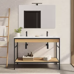 Mobile bagno a terra 120 cm nero e rovere con doppio lavabo integrato e specchio - Axis