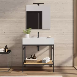 Mobile bagno a terra 80 cm nero e rovere con top lavabo e specchio - Axis