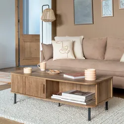 Tavolino 120x60 cm con anta scorrevole in legno cannettato - Dhana