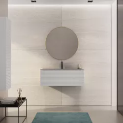 Mobile bagno sospeso 90 cm bianco opaco con lavabo in vetro marrone kodiak e specchio - Deck