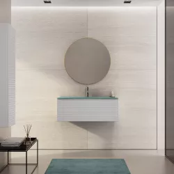 Mobile bagno sospeso 90 cm bianco opaco con lavabo in vetro verde opaco e specchio - Deck