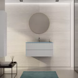 Mobile bagno sospeso 90 cm con cassetti bianco opaco e lavabo in vetro blu opaco - Deck