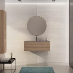 Mobile bagno sospeso 90 cm rovere portofino con lavabo in vetro marrone kodiak e specchio - Deck