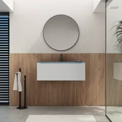 Mobile bagno sospeso 90 cm bianco opaco con lavabo in vetro blu opaco e specchio - Sleek
