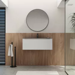 Mobile bagno sospeso 90 cm bianco opaco con lavabo in vetro marrone kodiak e specchio - Sleek