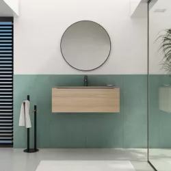 Mobile bagno sospeso 90 cm rovere portofino con lavabo in vetro marrone kodiak e specchio - Sleek