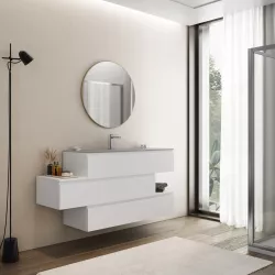Mobile bagno sospeso 150 cm cassetto centrale sx bianco opaco e lavabo vetro marrone kodiak - Rodeo