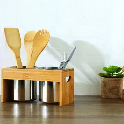 Portautensili d'appoggio 23x12h cm in bambù e acciaio inox cromo