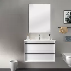 Mobile bagno sospeso 80 cm con 2 cassetti bianco opaco e specchio - Maestro