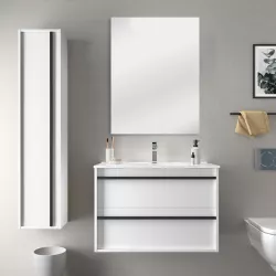 Mobile bagno sospeso 80 cm con colonna bianco opaco e specchio - Maestro