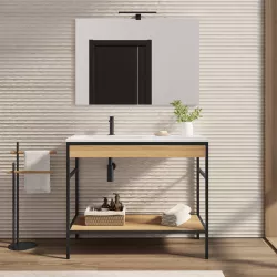 Mobile bagno a terra 100 cm nero e rovere con lavabo integrato sx e specchio - Axis