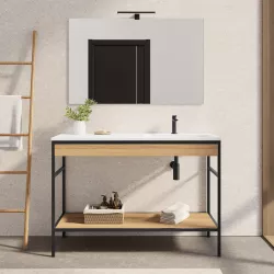 Mobile bagno a terra 120 cm nero e rovere con lavabo integrato dx e specchio - Axis