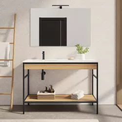 Mobile bagno a terra 120 cm nero e rovere con lavabo integrato sx e specchio - Axis